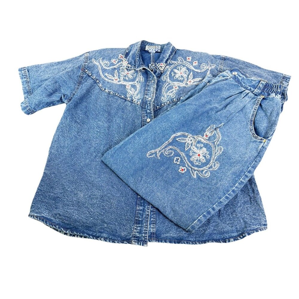 VTG Pretty Bleu Large Beaded Denim Button Shirt & Mom Jeans (26x26) Set GUC